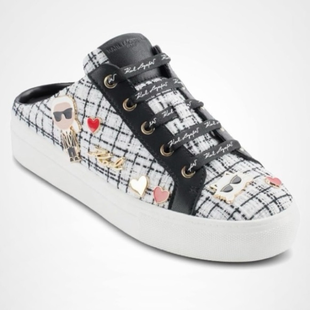 Karl Lagerfeld Paris Cambria Sneaker Mules Clogs Black White Tweed Look Size 7